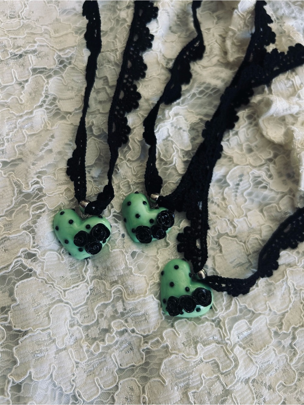 Mint Green Heart Necklace with Black Lace and Rose Accents